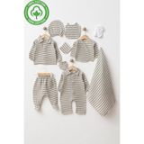tinibud 10’lu Erkek Bebek Hastane Çıkışı Seti GOTS Sertifikalı Organik Kumaş %100 Pamuk Müslin Haki Çizgili