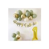 Tinky Winky 1 Yaş Küf Yeşili Deniz Kumu ve Krom Gold Balonlu Konsept Doğum Günü Balon Zincir Set 1