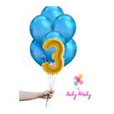 Tinky Winky 3 Gold Rakam Folyo ve Mavi Balon Doğum Günü Balon Zincir Parti Seti Üç