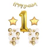 Tinky Winky Gold Konsept 1 Yaş Doğum Günü Kutlama Seti; Beyaz Gold Konfetili Balon, Rakam Yıldız Balon Zincir 1