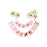 Tinky Winky Pembe Gold Happy Birthday Banner Doğum Günü Yazısı Ve 10 Adet Gold Konfetili Şeffaf Balon Set Pembe