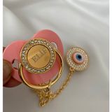 Tiny Wood Altın Kaplama Nazar Boncuklu Isimli Emzik Zinciri Seti – Kişiye Özel Zirkon Taşlı Bebek Emziği - 0 - 3 Yaş - Pembe