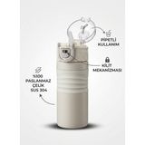 Tiny Wood Premium 304 Paslanmaz Çelik Pipetli Kilitli Termos Matara 450 ml Ergonomik Kavrama - Bej - Krem