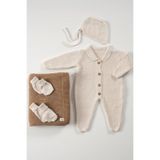 Tinylamb Unisex 5 Parça Bebek Örgü Triko Tulum, Battaniye, Şapka, Eldiven, Patik Seti, 0-3 Ay, Krem