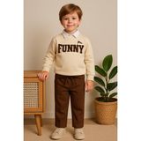 tinytrends Erkek Bebek&çocuk Funny Nakışlı Sweatshirt Gömlek Pantolon Spor 3'lü Takım - Kahverengi - 1 Yaş