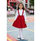 tinytrends Kız Çocuk Salopetli Etek ve Beyaz Gömlek 23 Nisan Gösteri Elbise Takım (Külotlu Çorap Hediyeli) - 12 - 13 Yaş - Kırmızı - Beyaz