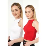 TİODES Kadın Beyaz Kırmızı Halter Yaka Fitilli 2'li Paket Crop Bluz