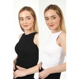 TİODES Kadın Siyah Beyaz Halter Yaka Fitilli 2'li Paket Crop Bluz