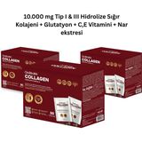 Tip 1 & 3 Hidrolize Kolajen Peptitleri 10.000 Mg, Hiyalüronik Asit, Glutatyon, Elastin, C Vitamini | 90 Saşe (3 Aylık Kullanım Paketi)