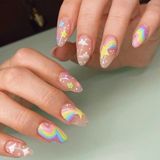 Tips Art Toz Pembe Çiçekli Gökkuşağı Desenli Badem Takma Tırnak Seti (24 Adet)