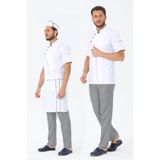 TIPTEKS Comfort Erkek Beyaz Aşçı Ceketi, Pantolon, Bel Önlük Ve Kep - Pötikare Biyeli Dörtlü Set