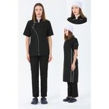 TIPTEKS Comfort Kadın Siyah Aşçı Ceketi, Askılı Önlük -Beyaz Biye / Siyah Aşçı Pantolon Dörtlü Set