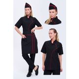 TIPTEKS Comfort Kadın Siyah Aşçı Ceketi, Kep Ve Bel Önlük -Kırmızı Biye / Siyah Aşçı Pantolon Dörtlü Set