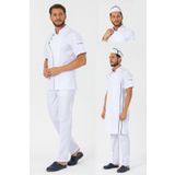 TIPTEKS Erkek Comfort Beyaz Aşçı Ceket + Kep Ve Askılı Önlük - Siyah Biye /Beyaz Pantolon Dörtlü Set