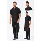 TIPTEKS Erkek Comfort Siyah Aşçı Ceket + Kep Ve Askılı Önlük - Kırmızı Biye /Siyah Pantolon Dörtlü Set