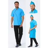 TIPTEKS Erkek Comfort Turkuaz Aşçı Ceket + Kep Ve Askılı Önlük - Siyah Biye / Siyah Pantolon Dörtlü Set