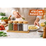 Tiran 5 Parça Bambu Standlı-Kapaklı, Cam Baharatlık Seti, Kare Tasarım, Baharatlık,tuzluk,karabiberlik - Açık Bej