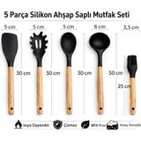 Tiran Aşkana 5 Parça Ahşap Saplı Silikon Mutfak Servis Seti-Yanmaz Yapışmaz Kepçe Spatula Kaşık Fırça-Asorti Renkler