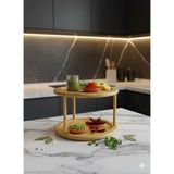 Tiran Iki Katlı Yuvarlak Lüx 360° Döner Tablalı Ahşap Bambu Sunum Tepsisi-Düzenleyici - Bej