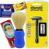 Tıraş Makinesi 5'li Jilet İle Birlikte | Mavi Tıraş Fırçası | Tıraş Sabunu | 5'li Shark CHROME Jilet | Kibrit Kantaşı | Tıraş Seti