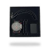 Tisaati Erkek Kol Saati Seti, Lüks Grande Premium Serisi, Çakmak Bileklik Tesbih Silikon Kordon, 44mm, Siyah Kırmızı