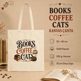 Tişört Kodu Books Coffee Cats Baskılı Ham Kanvas Bez Çanta – 35×40 cm - Bej