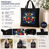 Tişört Kodu Fermuarlı Siyah Gabardin Tote Çanta – Çilek & Yaban Mersini Desenli - Bej