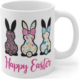 Tişört Kodu Happy Easter Porselen Kupa – Modern Tavşan Desenli Paskalya Kupa, Renkli & Eğlenceli Tasarım - Beyaz