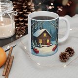 Tişört Kodu Kış Akşamı – Işıklı Kulübe Noel Temalı Porselen Kupa - Beyaz