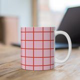Tişört Kodu Pembe Kırmızı Kare Desenli Seramik Kupa - Beyaz