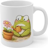Tişört Kodu Sevimli Kurbağa Çiçek Sulama Porselen Kupa | Cute Frog Mug | Motivasyon & Hediye Kupası - Beyaz