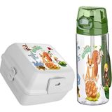 Titiz Schooly Beslenme Kabı Seti Desenli Plastik Matara ve Kabı Beyaz - Yeşil Renk - HAPPY ANIMALS