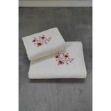 Tivoli 2'li Bambu Banyo Havlu Seti - Çiçek Nakışlı Çeyizlik Havlu Takımı -Tivoli Lisette -Ekru - 70 x 140 cm - 50 x 90 cm