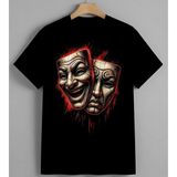 Tiyatro Maskeleri Kirmizi Baskılı Unisex Erkek Kadın Oversize Tişört Siyah - XL