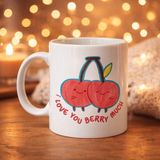 TKÇ I Love You Berry Much Tasarımlı Kupa Model 12 Sevimli Kiraz Desenli Porselen Kahve Kupası - Hediy - Beyaz