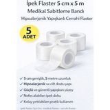 TKÇ Ipek Flaster 5 cm x 5 M 5 Adet Medikal Sabitleme Bandı Hipoalerjenik Yapışkanlı Cerrahi Flaster - Beyaz - 2