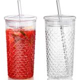 Tlence Kapaklı ve Pipetli 2 Paket Cam Bardak Bardağı, 25oz Yüksek Borosilikat Buzlu Kahve Fincanı, Smoothie Kabarcık Çay Suyu Süt Suyu için Kabartmalı Balık Pulu Cam Seyahat Kupası