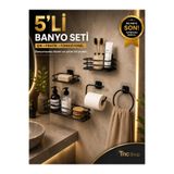 tnc tel ve metal ürünleri TncShop 5'li Premium Yapışkanlı Banyo Seti Siyah | Diş Fırçalık, Sabunluk, Şampuanlık, Tuvalet Kağıtlığı, Havluluk | Delmeden Montaj