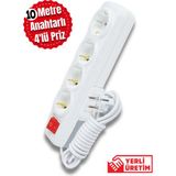 Tntech 7 Metre 4'lü Anahtarlı Kablolu Topraklı Grup Priz - Beyaz