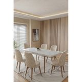 Toce Home Leva 80x130 Açılabilir Beyaz Masa Yemek Odası Takımı Mutfak Takımı 6 Adet Sandalye Bej