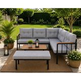 Todek Home Riva Metal Bahçe Balkon Köşe Takımı Siyah Boyalı Iskelet Keten Kumaş Süngerli 180X120 cm - Açık Gri