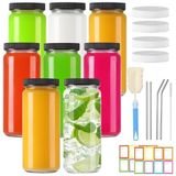 TOEKSIX 8'li Paket 16 oz Kapaklı Cam Suyu Şişeleri, Yeniden Kullanılabilir Cam Meyve Sıkma Şişeleri İçecekler Siyah Kapaklı ve Delikli Beyaz Kapaklı İçme Kavanozları, Meyve Suyu Bardakları, Soğuk