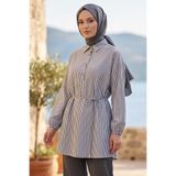 TOFİSA Çizgili Bağcıklı Düğmeli Tunik Siyah - 1332-SIYAH