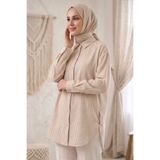 TOFİSA Çizgili Yanları Düğme Detaylı Tunik Krem - 1329-KREM