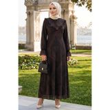 TOFİSA Desenli Fırfırlı Tül Elbise Kahve - 28633-KAHVE