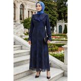 TOFİSA Desenli Fırfırlı Tül Elbise Lacivert - 28633-LACIVERT