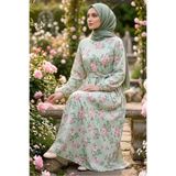 TOFİSA Desenli Kuşaklı Lastik Detaylı Elbise - 2115-MINT-PUDRA