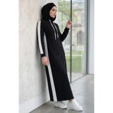TOFİSA Garnili Kapşonlu Elbise Siyah - 2092-SIYAH