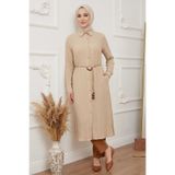 TOFİSA Hasır Kemerli Düğmeli Elbise Krem - 28545-KREM