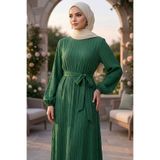 TOFİSA Kuşaklı Bileği Lastilk Detaylı Elbise - 2090-ZUMRUT